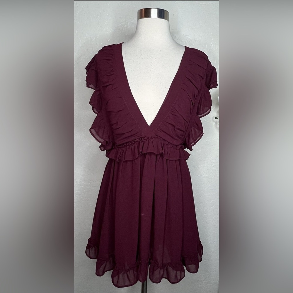 Storia Babydoll Deep V Ruffle Burgundy Mini Dress
